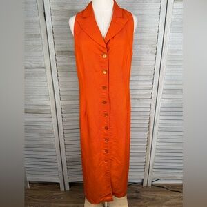 BARRAZA (New York) Vintage Linen Sleeveless Maxi Dress Button Front Orange-12